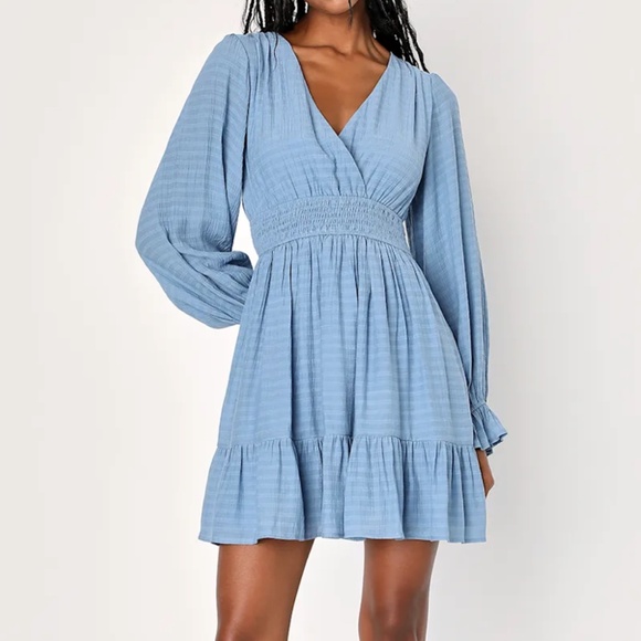 NWT • Lulus • Slate Blue Striped Tiered Long Sleeve Mini Dress • Size S - Picture 1 of 5